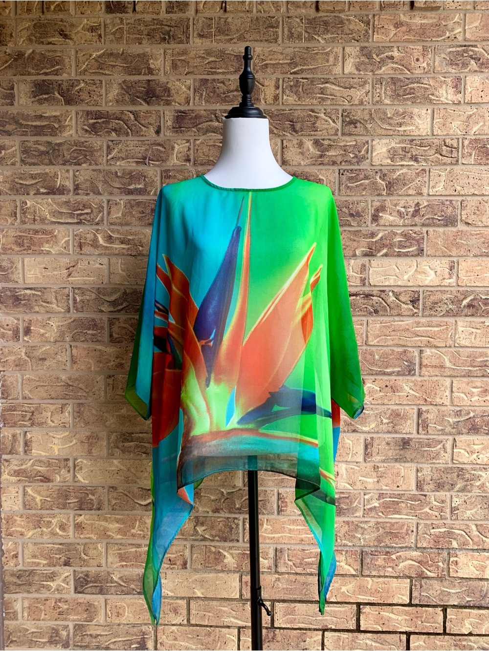 Unique Vintage Style Tropical Bird of Paradise Print Sheer Poncho Top - Picture 3 of 10